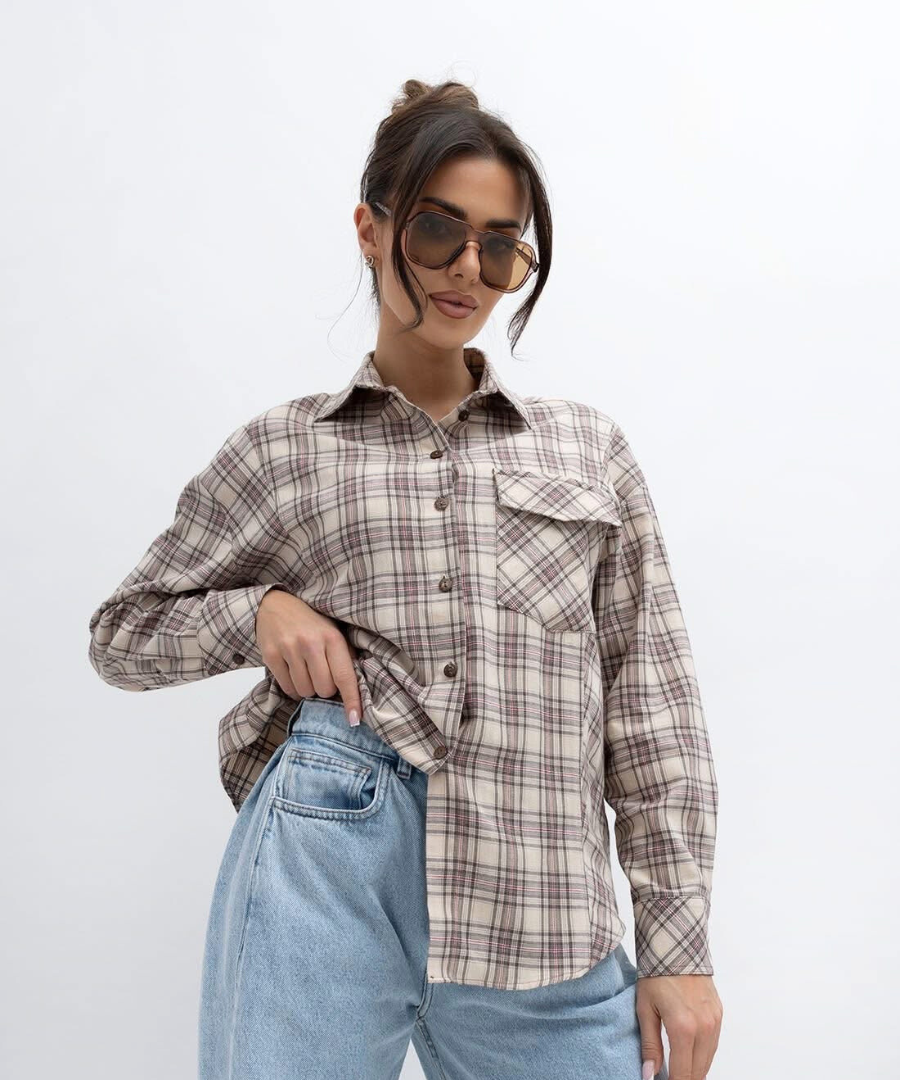 Beżowa koszula w kratkę - Sara