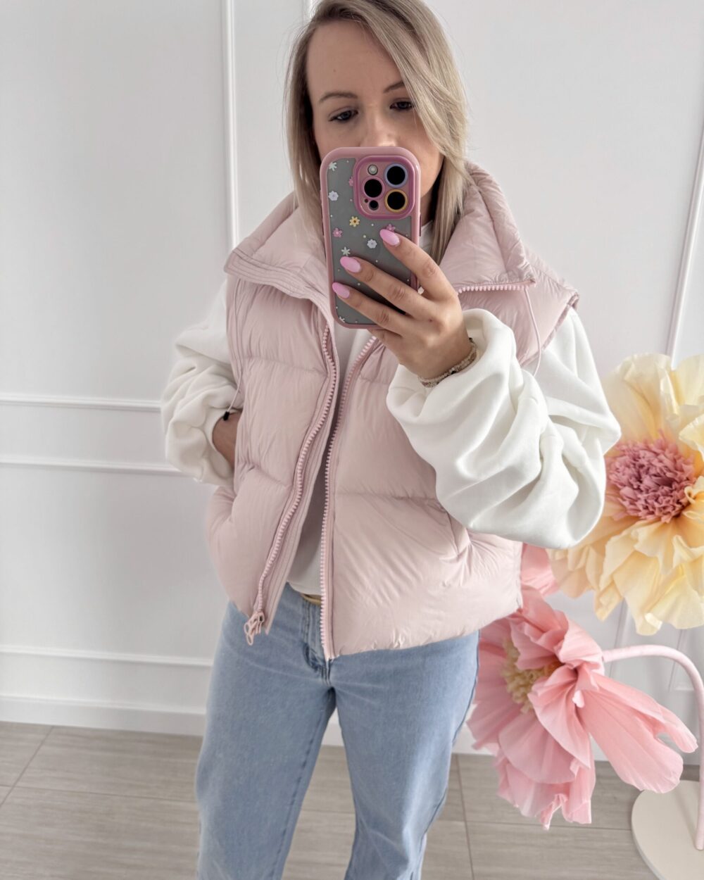 Kamizelka pikowana puchowa- pastelowy róż