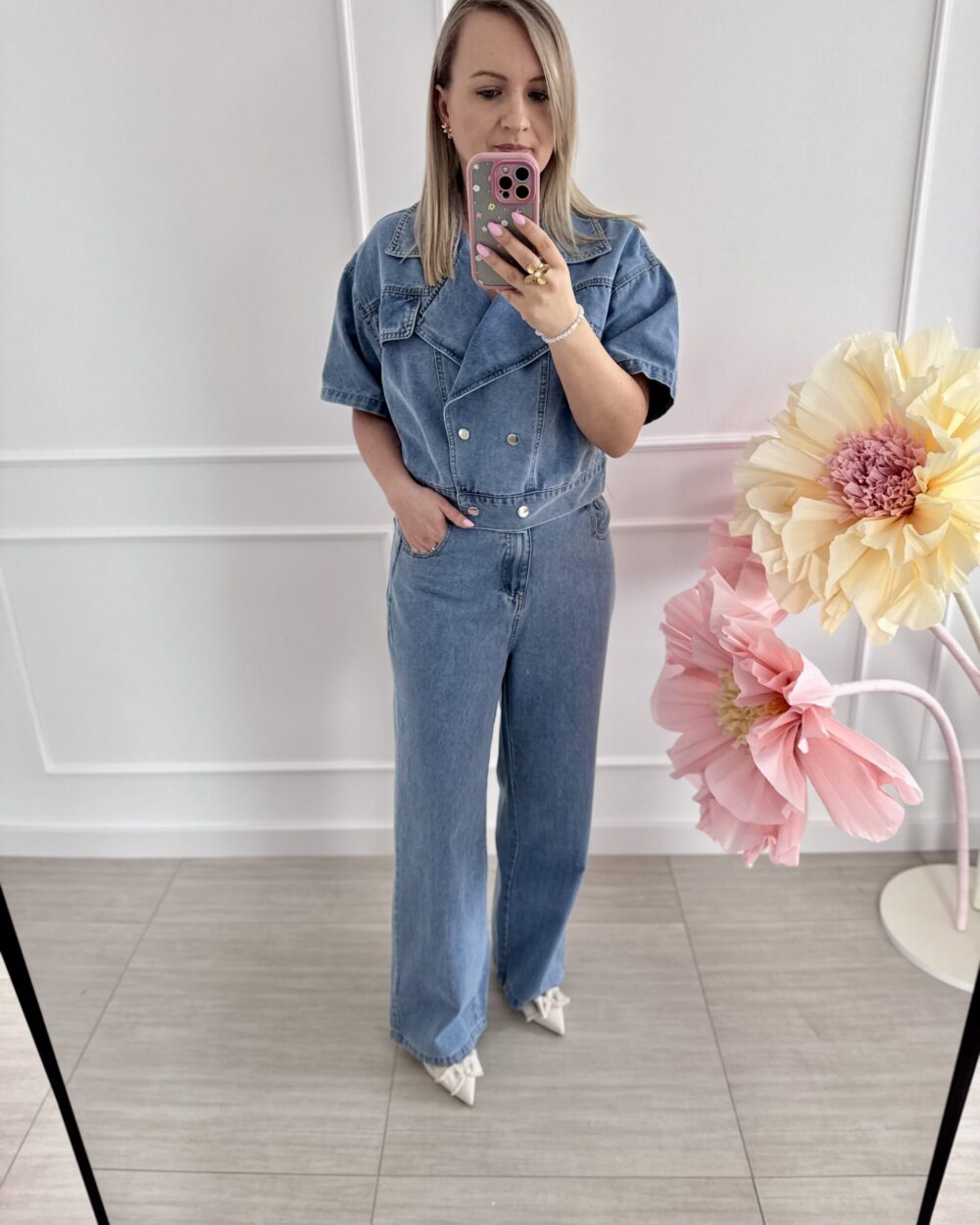 Jeansowy komplet z krótkim rękawem