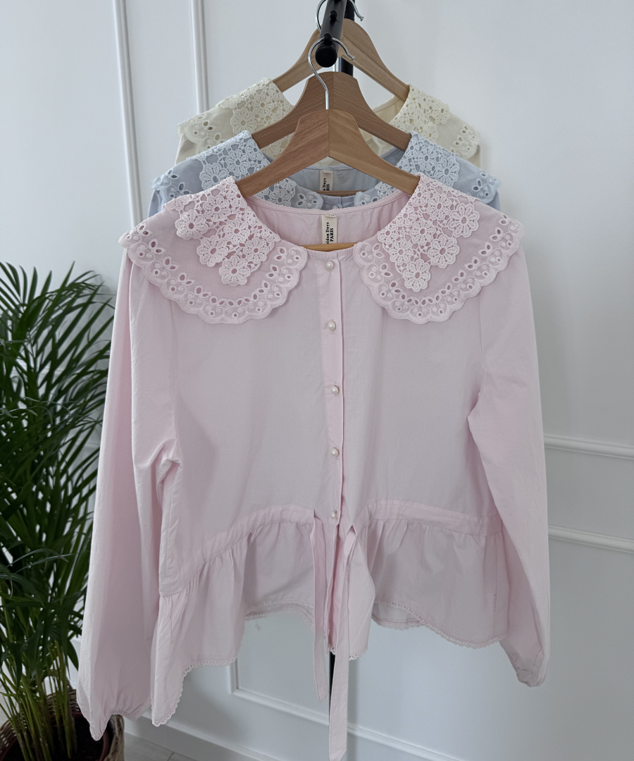 Koszula damska elegancka z ozdobnym kołnierzem- pastelowy róż
