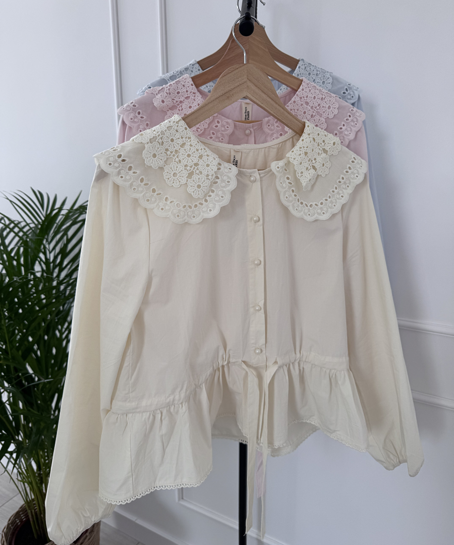 Koszula damska elegancka z ozdobnym kołnierzem- ecru