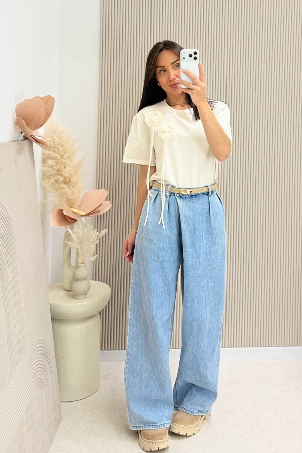 Jeansy damskie wide leg z wysokim stanem – jasnoniebieskie, luźne, modne