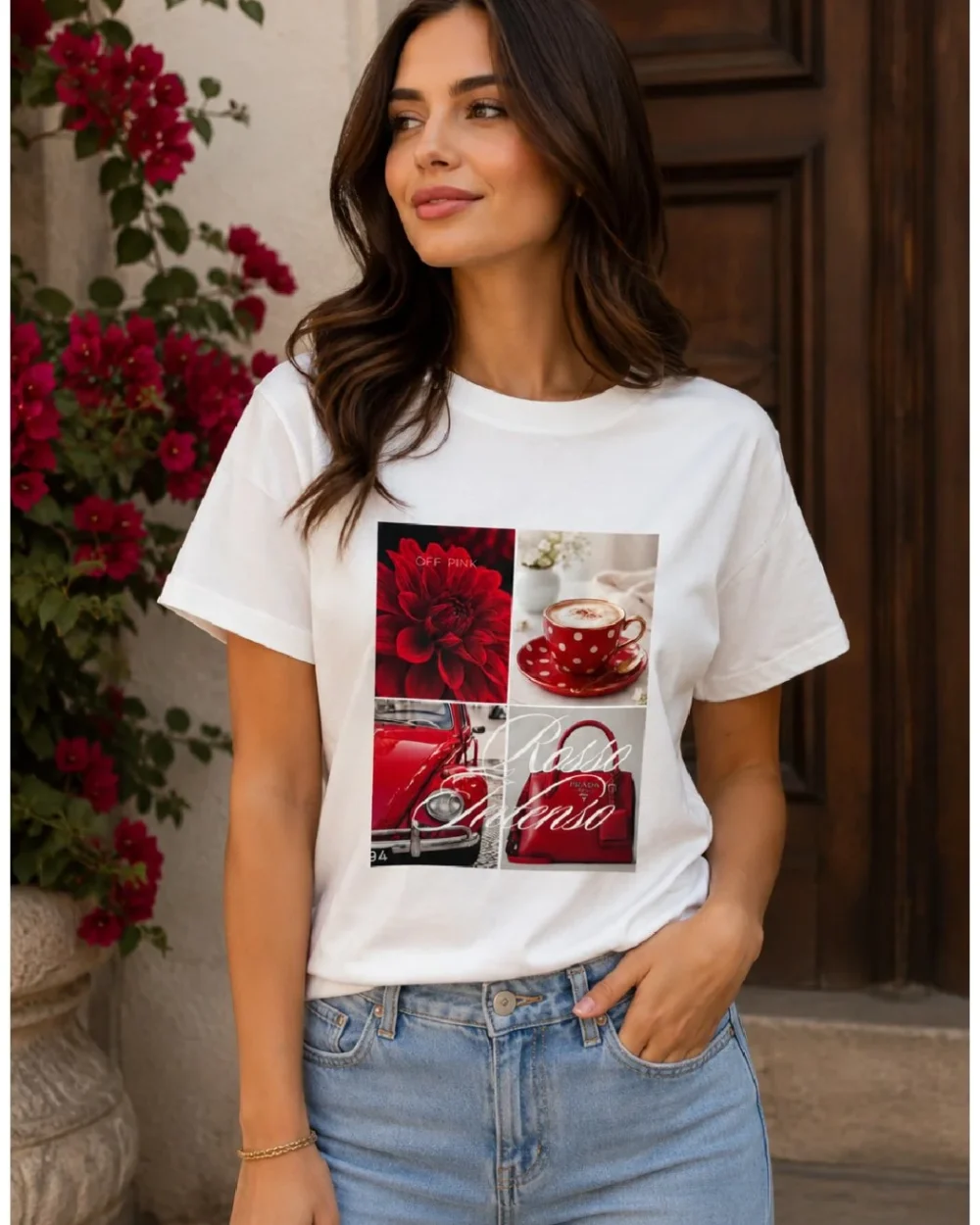 T-SHIRT OFF PINK Z NADRUKIEM- CAFFE RED