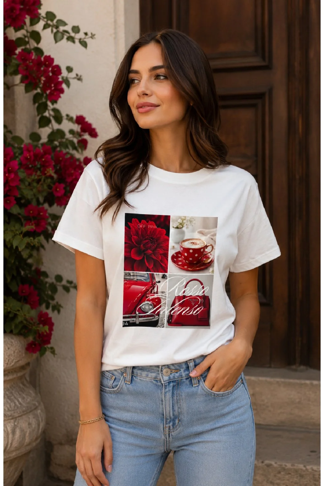 T-SHIRT OFF PINK Z NADRUKIEM- CAFFE RED