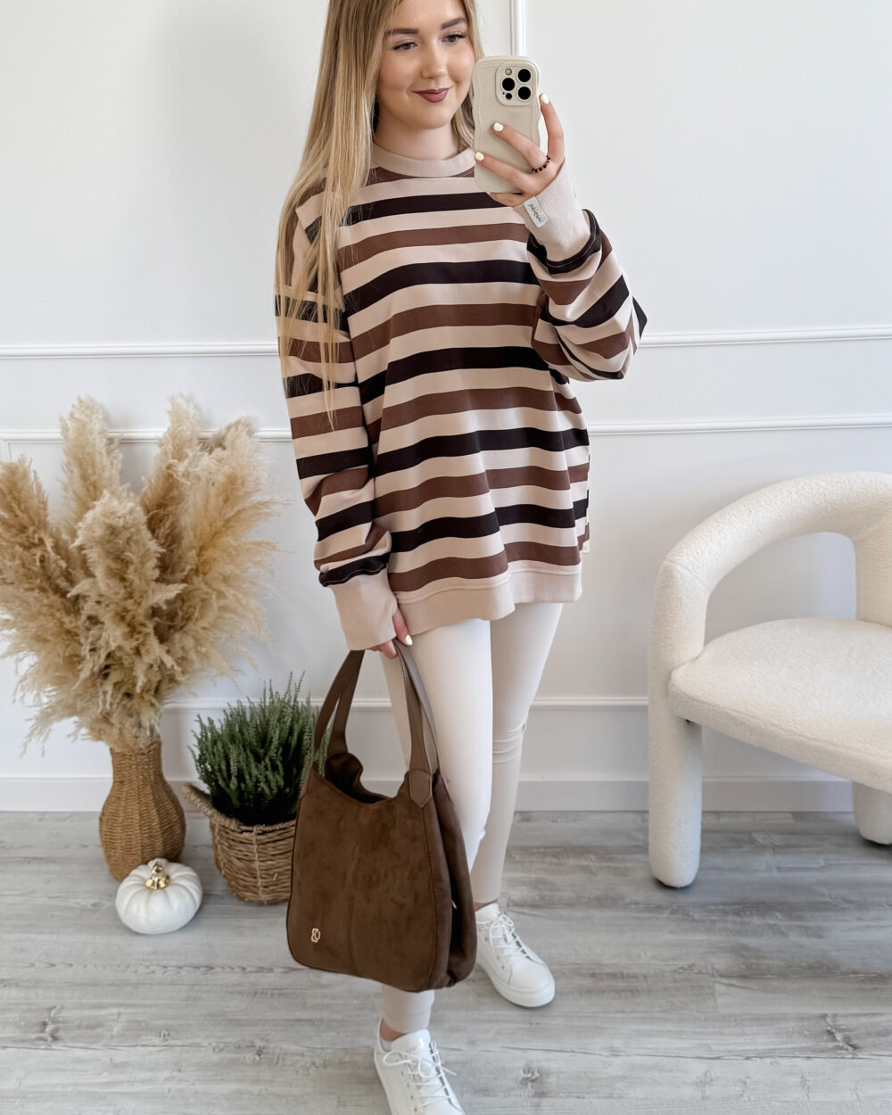 Bluza damska oversize w czekoladowe paski - Lenoshka