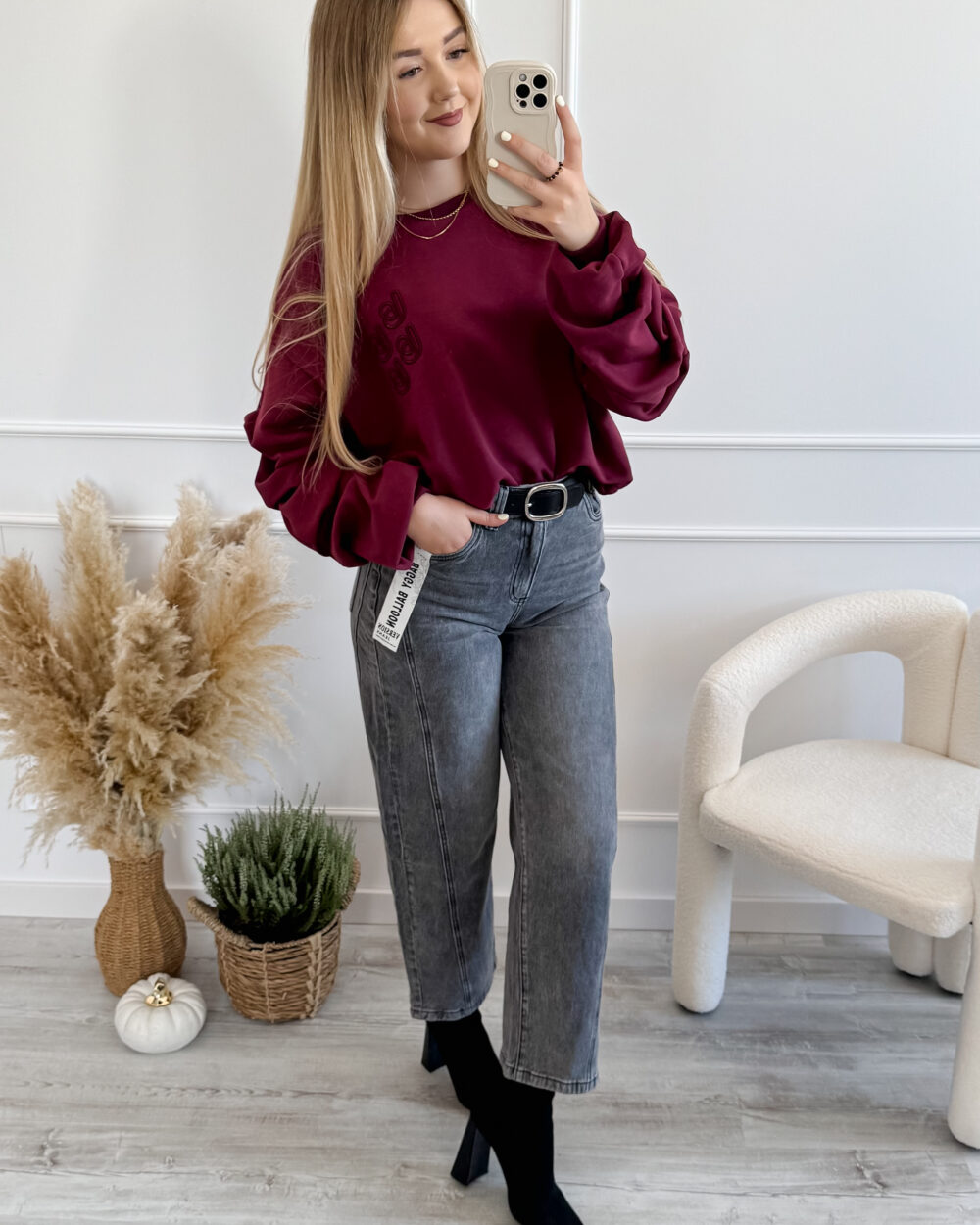 Bordowa bluza oversize z marszczonymi rękawami- Labalancia